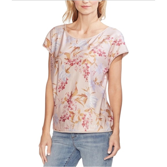 Vince Camuto Tops - Vince Camuto Womens Sequin Floral Print Top Pink Short Sleeve Blouse Medium
